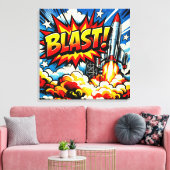 BLAST! Retro Pop Art Rocket Explosion キャンバスプリント (インサイチュ (リビング))