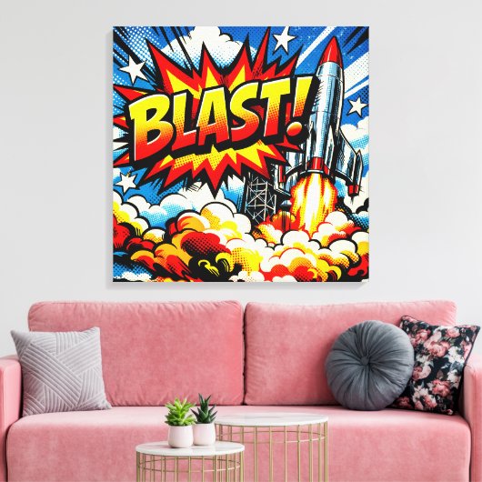 BLAST! Retro Pop Art Rocket Explosion キャンバスプリント (インサイチュ (リビング))