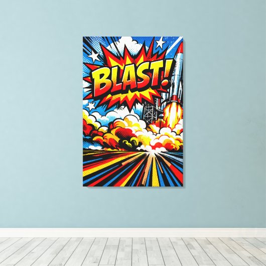 BLAST! Retro Pop Art Rocket Explosion キャンバスプリント (インサイチュ (ウッドフロア))