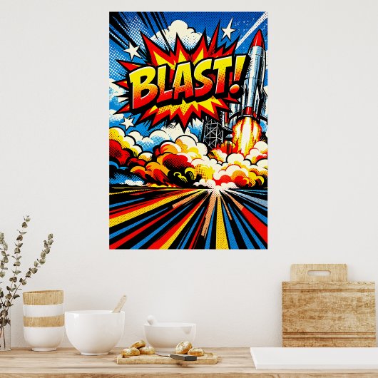 BLAST! Retro Pop Art Rocket Explosion ポスター (キッチン)