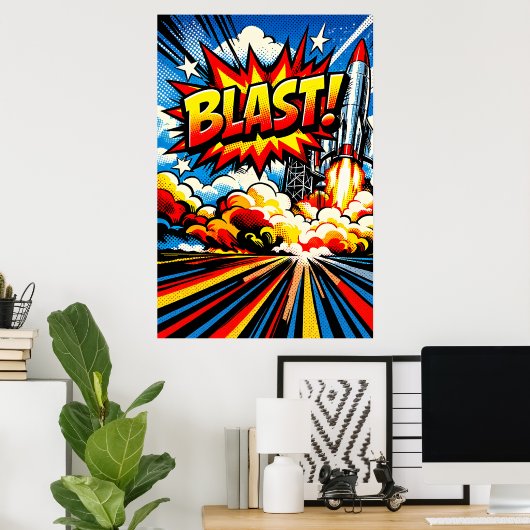 BLAST! Retro Pop Art Rocket Explosion ポスター (ホームオフィス)