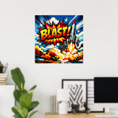 BLAST! Retro Pop Art Rocket Explosion ポスター (ホームオフィス)