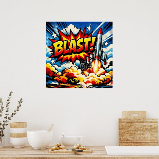 BLAST! Retro Pop Art Rocket Explosion ポスター (キッチン)