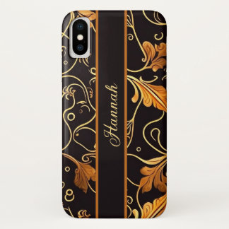 Blätter und Ranken orange auf schwarz Muster iPhone X ケース