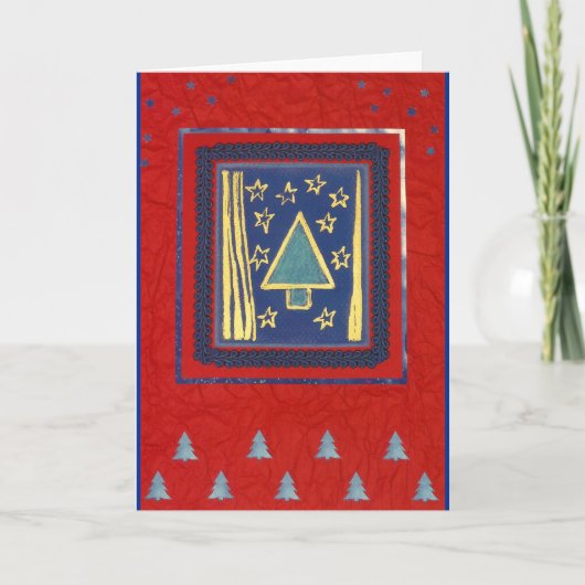 Blauer Weihnachtsbaum modern auf Rot シーズンカード (正面)