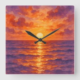 Blazing Sunset - Vibrant Watercolor Painting Style スクエア壁時計