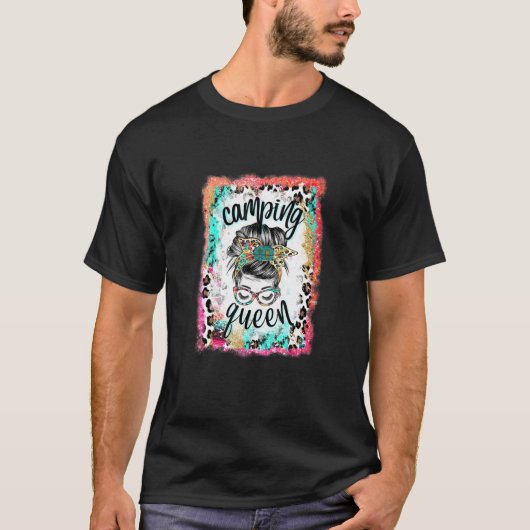 Bleached Leopard Messy Bun Camping Queen Funny Cam Tシャツ (正面)