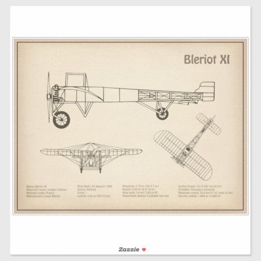 Bleriot XI – 飛行機の設計図スケッチ計画SD シール (シート)