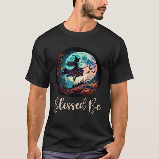 Blessed Be Retro Witch On A Broom Mystical Tシャツ (正面)