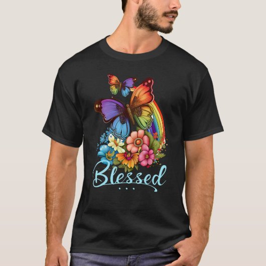 Blessed Christian Butterfly Pretty Floral Rainbow  Tシャツ (正面)