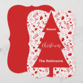 Blessed Christmas Red Christmas Tree Doodle Art シーズンカード (正面/裏面)