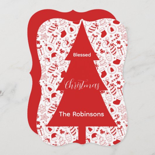 Blessed Christmas Red Christmas Tree Doodle Art シーズンカード (正面/裏面)