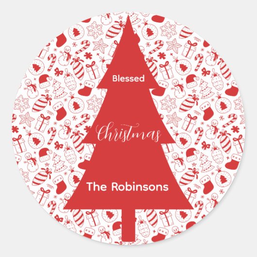 Blessed Christmas Red Christmas Tree Doodle Art ラウンドシール (正面)