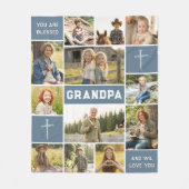 Blessed Grandpa 12 Photo Collage Custom Text フリースブランケット (正面)