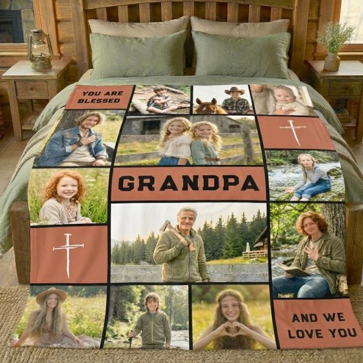 Blessed Grandpa 12 Photo Collage Custom Text フリースブランケット
