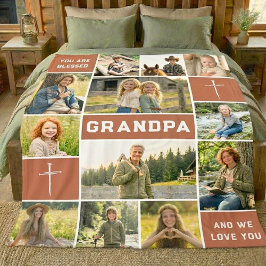 Blessed Grandpa 12 Photo Collage Custom Text フリースブランケット