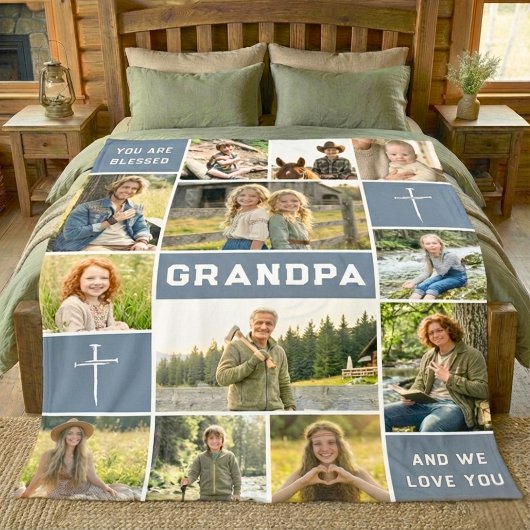 Blessed Grandpa 12 Photo Collage Custom Text フリースブランケット