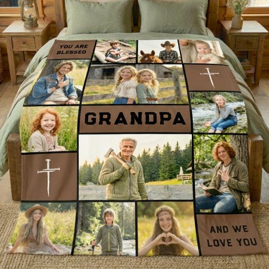 Blessed Grandpa 12 Photo Collage Custom Text フリースブランケット