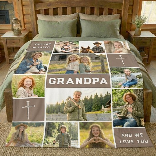 Blessed Grandpa 12 Photo Collage Custom Text フリースブランケット