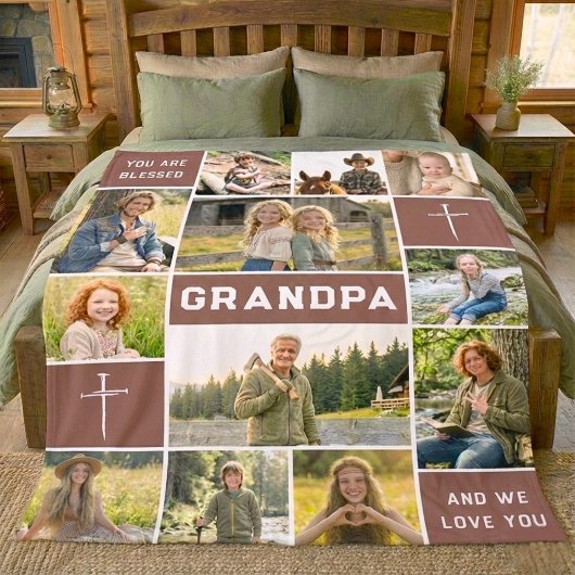 Blessed Grandpa 12 Photo Collage Custom Text フリースブランケット