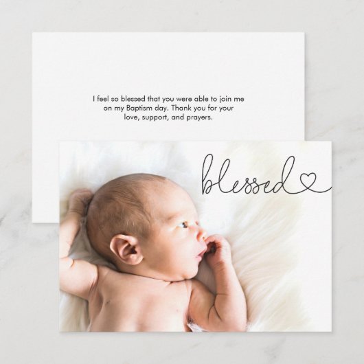 Blessed Heart Script Minimal Photo baby Baptism サンキューカード (正面/裏面)