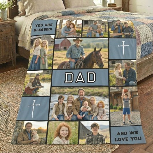 Blessed Loved Dad 12 Photo Collage Custom Text フリースブランケット