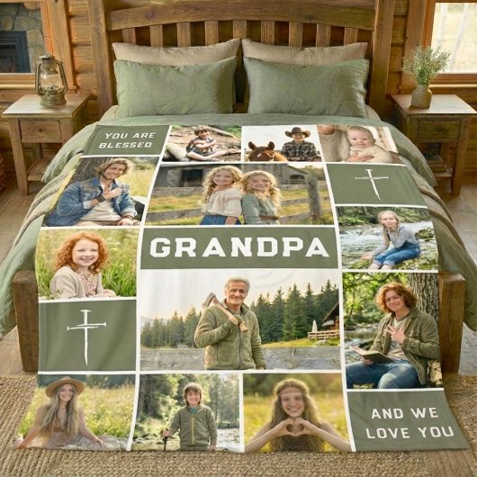 Blessed Loved Grandpa 12 Photo Collage Custom Text フリースブランケット