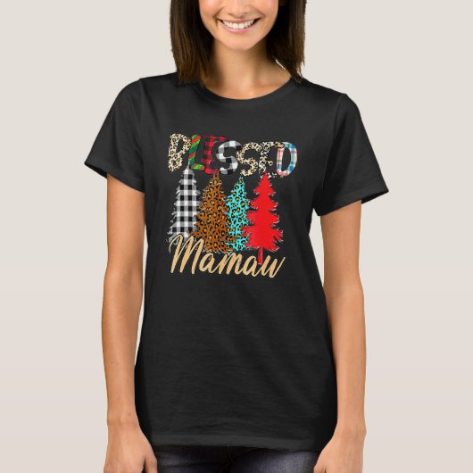 Blessed Mamaw Leopard Plaid Christmas Tree Family  Tシャツ (正面)