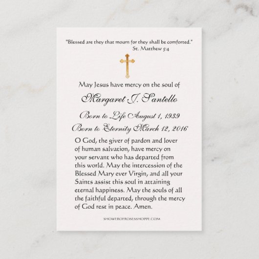 Blessed Mary Catholic Funeral Memorial Holy Card - 名刺 (裏面)