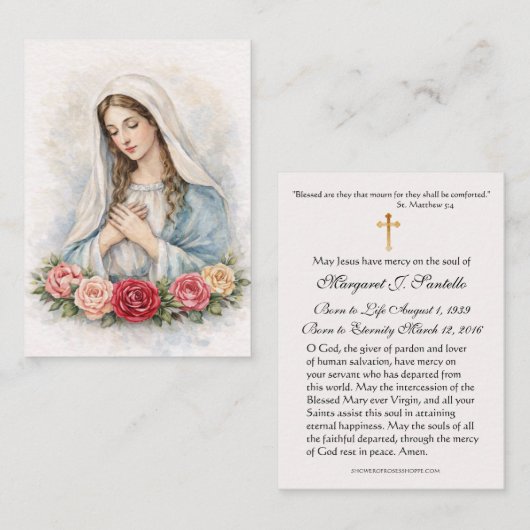 Blessed Mary Catholic Funeral Memorial Holy Card - 名刺 (正面/裏面)