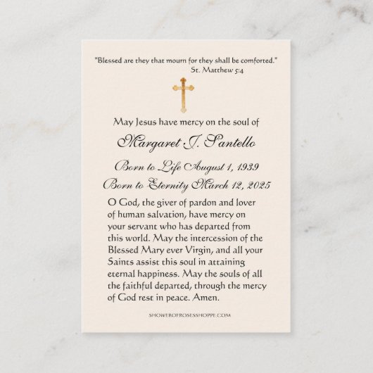 Blessed Mary Catholic Funeral Memorial Holy Card - 名刺 (裏面)