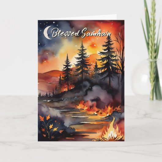 Blessed Samhain Fall Fire Forest Leaves Sunset カード (正面)