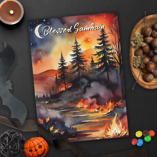 Blessed Samhain Fall Fire Forest Leaves Sunset カード