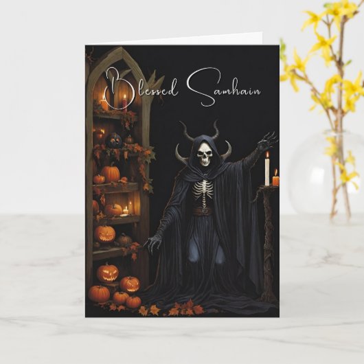Blessed Samhain Halloween Skeleton Pumpkins カード (黄色い花)