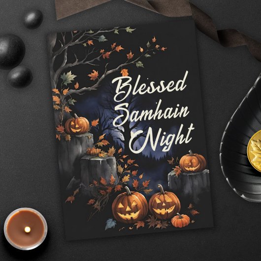 Blessed Samhain Night Fall Leaves & Pumpkins カード