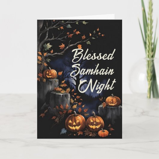 Blessed Samhain Night Fall Leaves & Pumpkins カード (正面)
