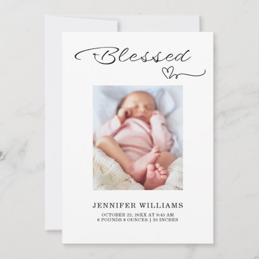 Blessed Script Flat Baby Birth Announcement Card 案内状 (正面)