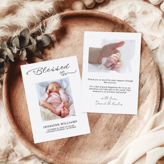Blessed Script Flat Baby Birth Announcement Card 案内状
