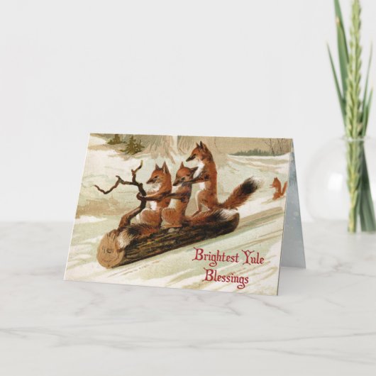 Blessed Yule Sledding Foxes Folded Holiday Card シーズンカード (正面)