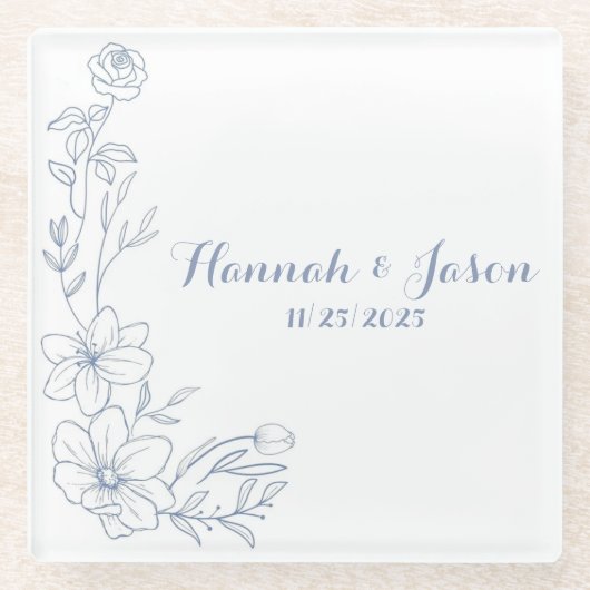 Blissful Blue Blooms Wedding Glass Coasters ガラスコースター (正面)