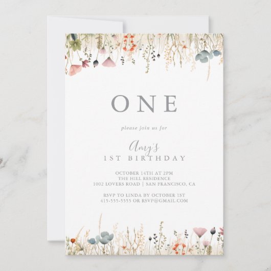 Blissful Boho Wildflower First Birthday Party 招待状 (正面)