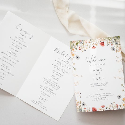 Blissful Colorful Boho Wildflower Folded Wedding プログラム
