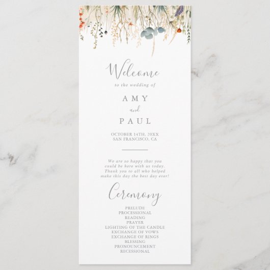 Blissful Colorful Boho Wildflower Wedding Program プログラム (正面)