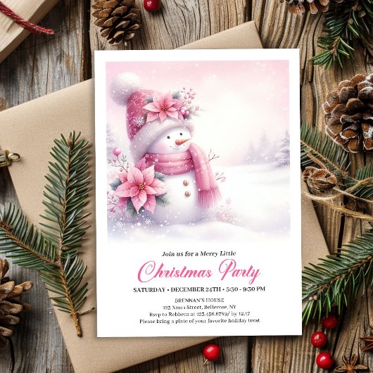 Blissful Pink Snowman Digital Christmas Invite Kid 招待状