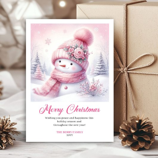 Blissful pink snowman kids card editable download シーズンカード