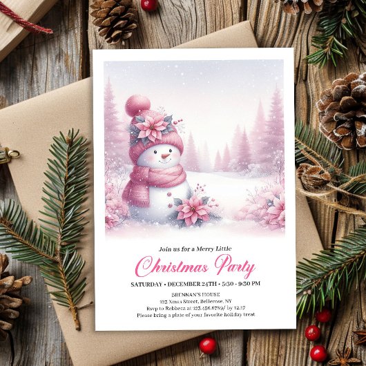 Blissful Snowy Pink Snowman Editable Kids Christma 招待状