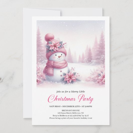 Blissful Snowy Pink Snowman Editable Kids Christma 招待状 (正面)