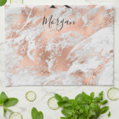 Blk Name/Monogram White & Rose Gold Marble Glitter キッチンタオル (折り畳み)