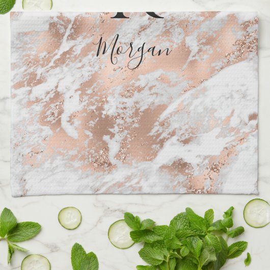 Blk Name/Monogram White & Rose Gold Marble Glitter キッチンタオル (折り畳み)