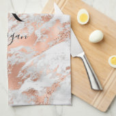 Blk Name/Monogram White & Rose Gold Marble Glitter キッチンタオル (四つ折り)